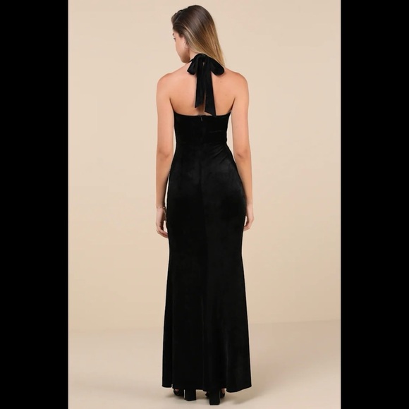 NWT LULUS Luxurious Statement Black Velour Halter Mermaid Maxi Dress - Picture 2 of 4